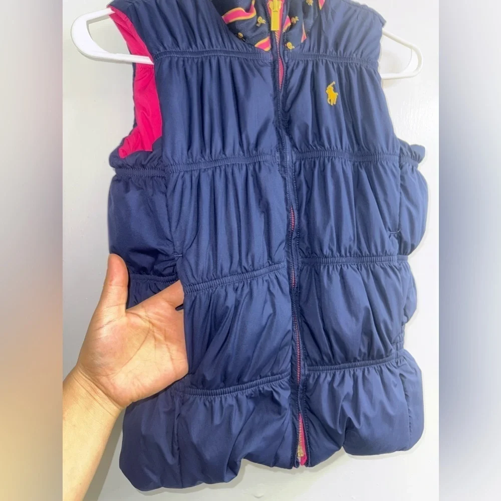 Ralph Lauren Girls Reversible Full Zip Down Puffer Vest Size 8-10 Pink/navy blue